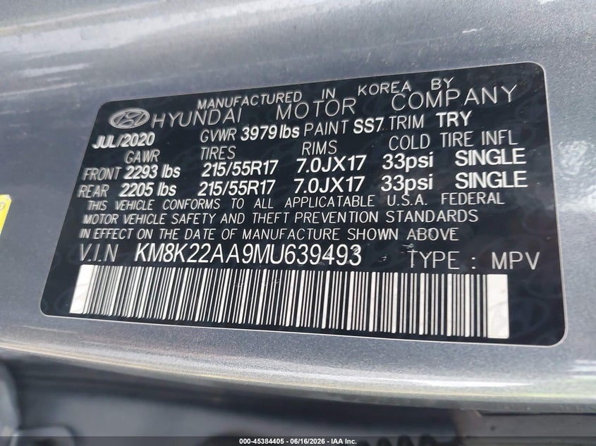 2021 Hyundai Kona Sel VIN: KM8K22AA9MU639493 Lot: 45384405