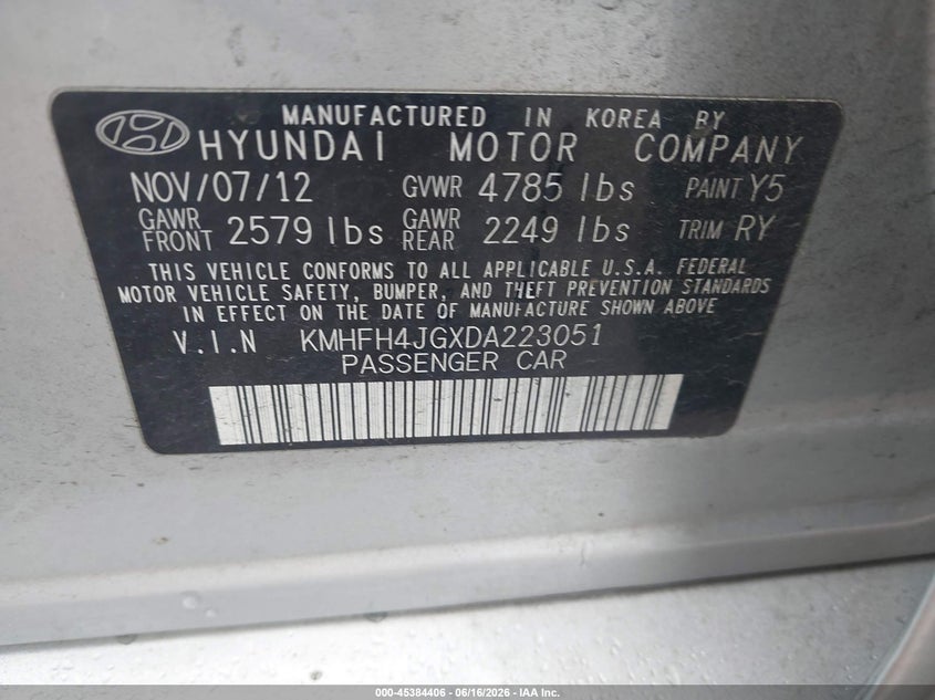 2013 Hyundai Azera VIN: KMHFH4JGXDA223051 Lot: 45384406