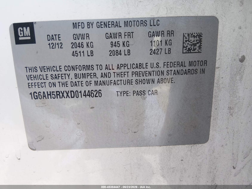 2013 Cadillac Ats Luxury VIN: 1G6AH5RXXD0144626 Lot: 45384447