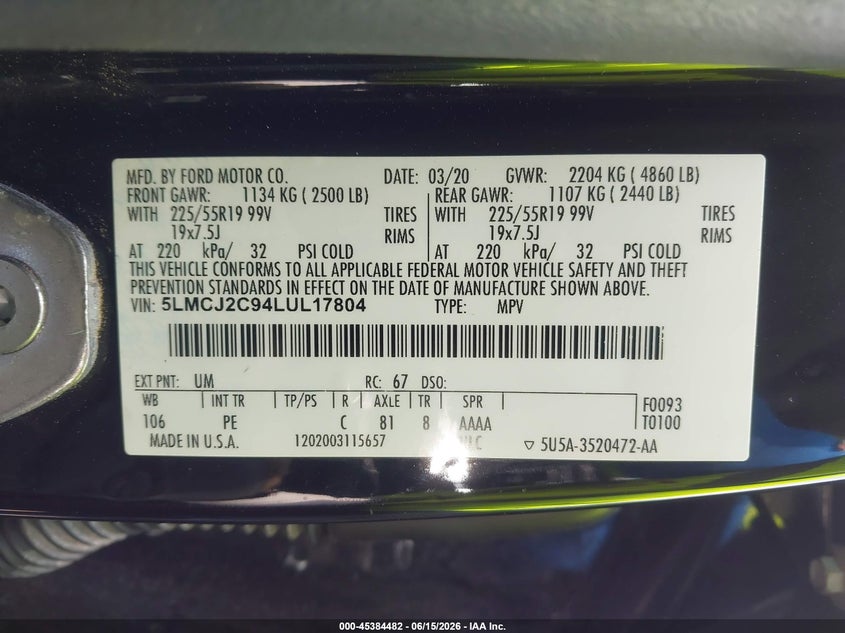 2020 Lincoln Corsair Reserve VIN: 5LMCJ2C94LUL17804 Lot: 45384482