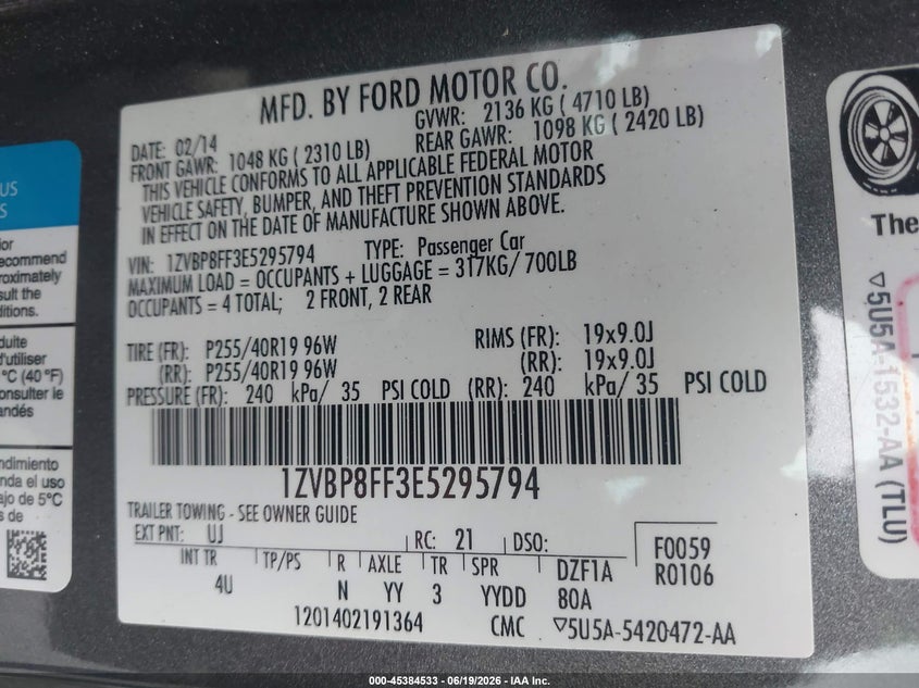 FORD MUSTANG 2014 VIN 1ZVBP8FF3E5295794