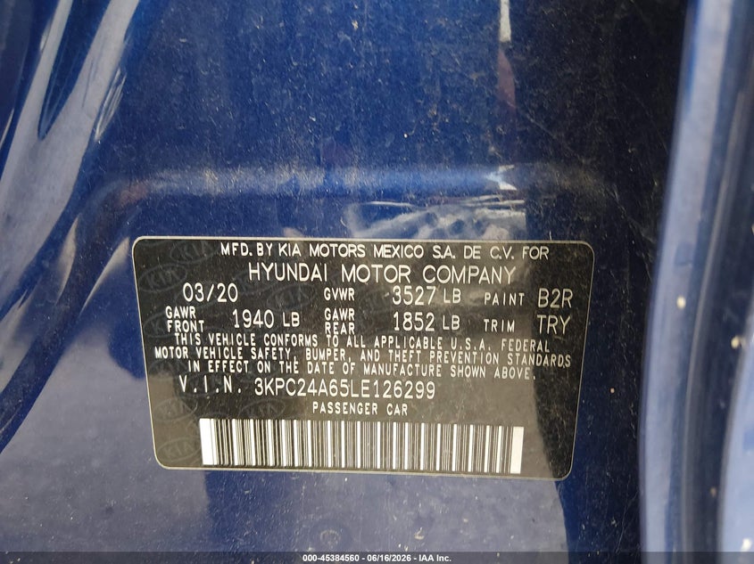 VIN 3KPC24A65LE126299 2020 HYUNDAI ACCENT SE