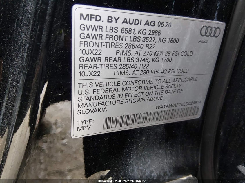 2020 Audi Sq8 Premium Plus Tfsi Quattro Tiptronic VIN: WA1AWAF10LD024914 Lot: 45384602