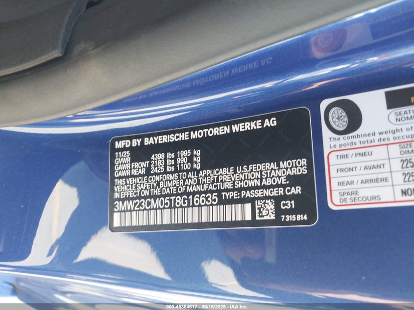 2026 BMW 230I VIN: 3MW23CM05T8G16635 Lot: 45384617