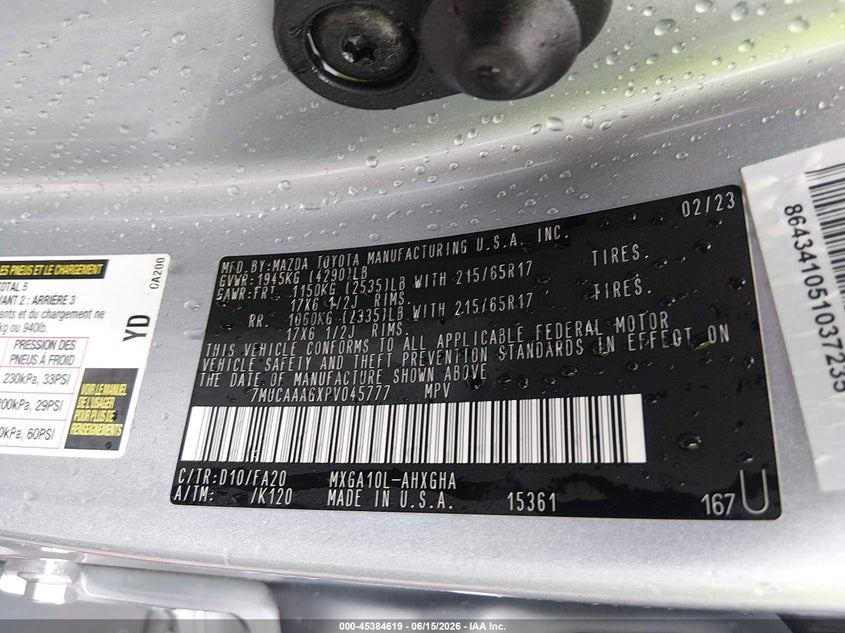 2023 Toyota Corolla Cross Le VIN: 7MUCAAAGXPV045777 Lot: 45384619