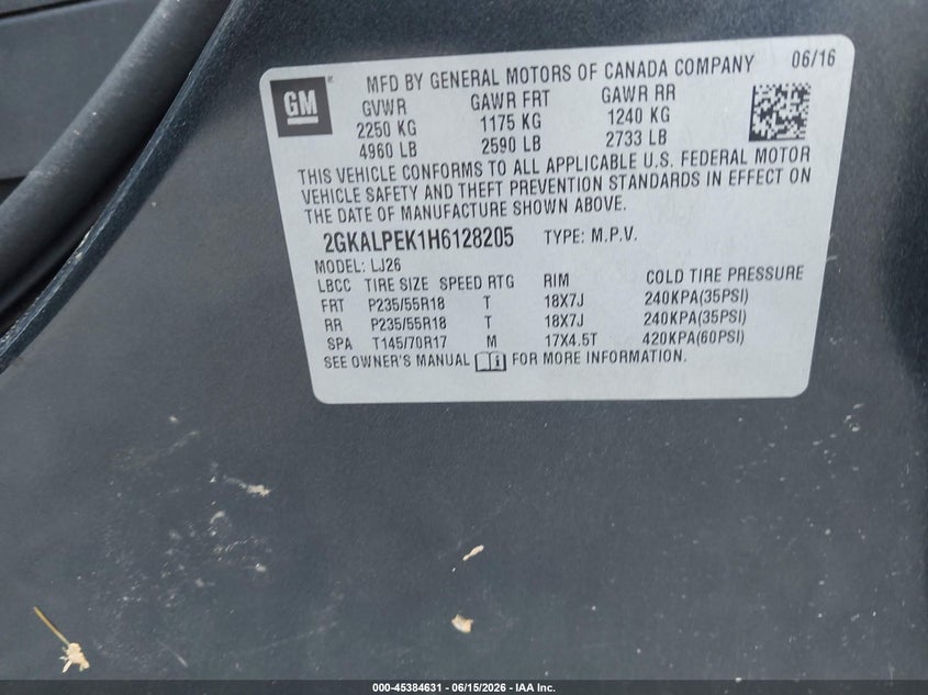 2017 GMC Terrain Slt VIN: 2GKALPEK1H6128205 Lot: 45384631