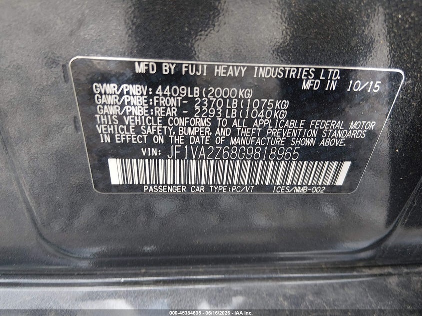 2016 Subaru Wrx Sti Limited VIN: JF1VA2Z68G9818965 Lot: 45384635
