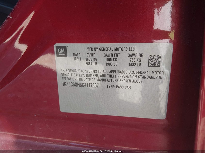 2012 Chevrolet Sonic 2Lt VIN: 1G1JC6SH3C4117367 Lot: 45384678