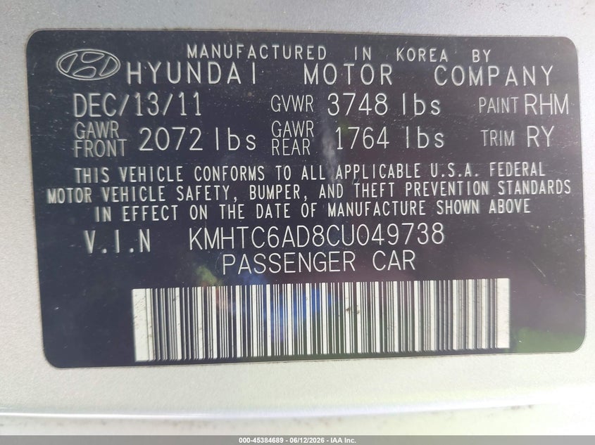 2012 Hyundai Veloster Base W/Gray VIN: KMHTC6AD8CU049738 Lot: 45384689