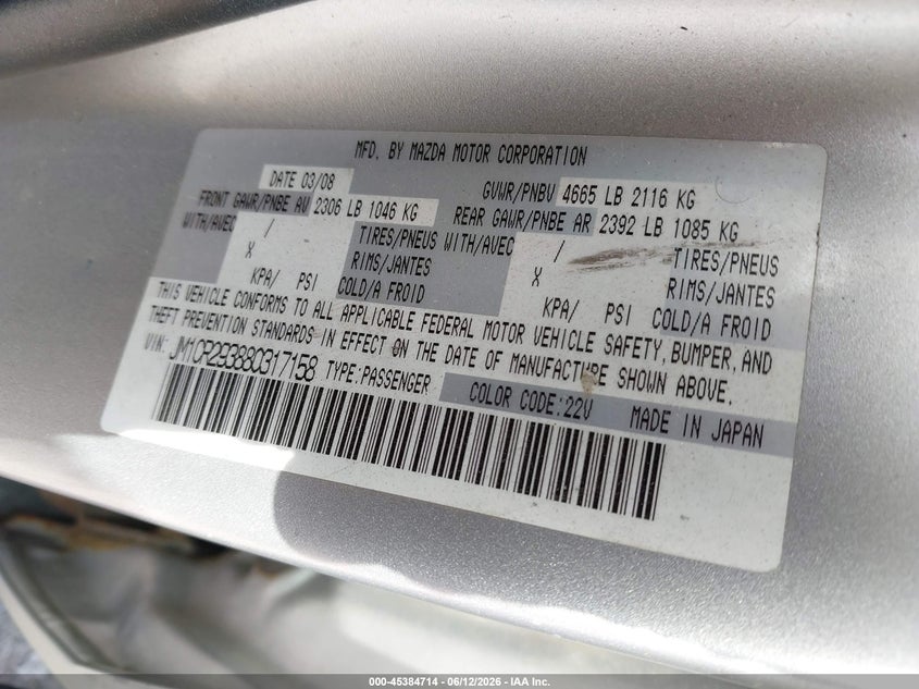 2008 Mazda Mazda5 Sport VIN: JM1CR293880317158 Lot: 45384714