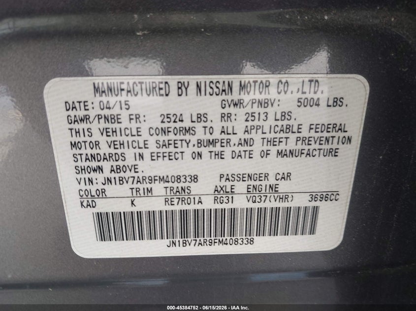 2015 Infiniti Q50 Premium VIN: JN1BV7AR9FM408338 Lot: 45384752