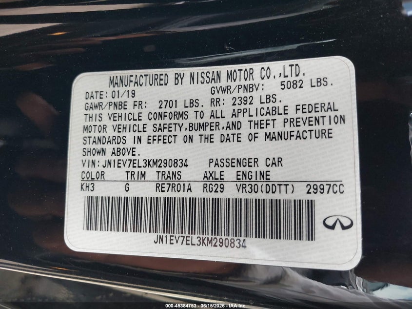 2019 Infiniti Q60 3.0T Luxe VIN: JN1EV7EL3KM290834 Lot: 45384753