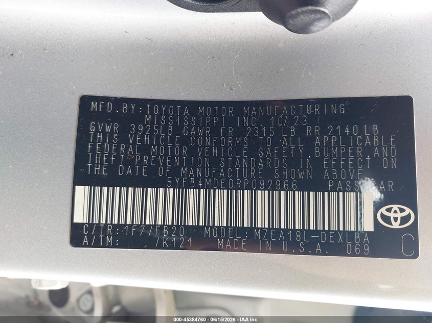 2024 Toyota Corolla Le VIN: 5YFB4MDE0RP092966 Lot: 45384760