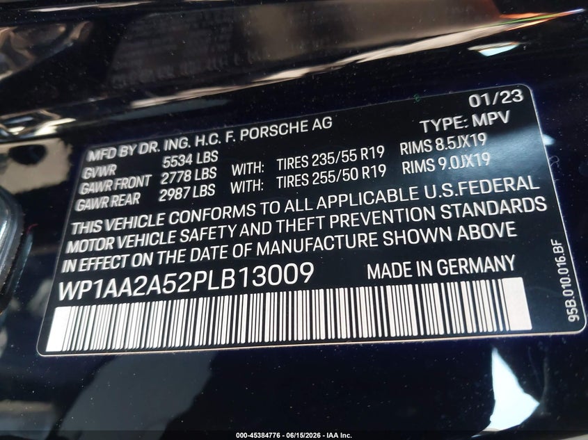 2023 Porsche Macan T VIN: WP1AA2A52PLB13009 Lot: 45384776