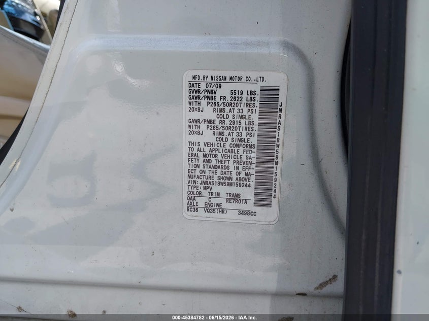 2009 Infiniti Fx35 VIN: JNRAS18W59M159244 Lot: 45384782