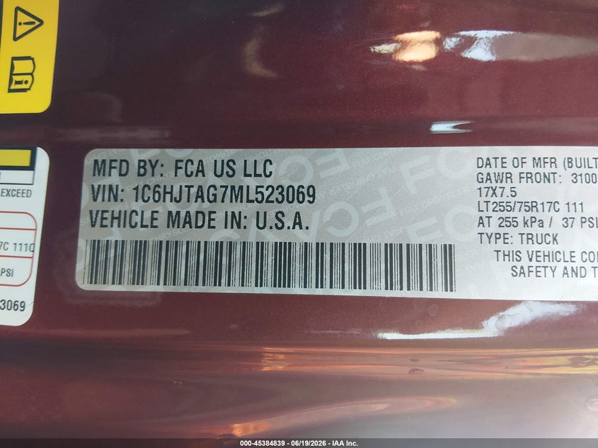 2021 Jeep Gladiator Willys 4X4 VIN: 1C6HJTAG7ML523069 Lot: 45384839