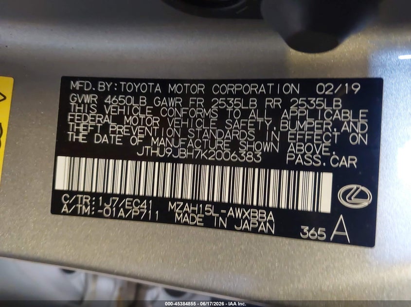 2019 Lexus Ux 250H VIN: JTHU9JBH7K2006383 Lot: 45384855