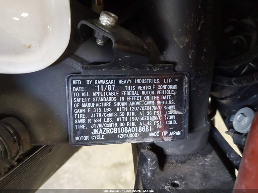 2008 Kawasaki Zr1000 B VIN: JKAZRCB108A018681 Lot: 45384867