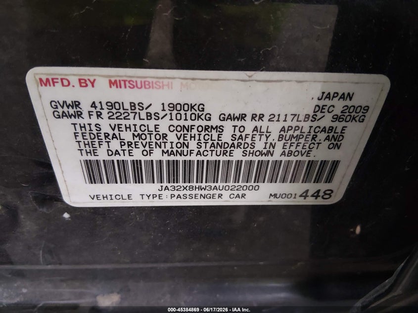 2010 Mitsubishi Lancer Sportback Gts VIN: JA32X8HW3AU022000 Lot: 45384869