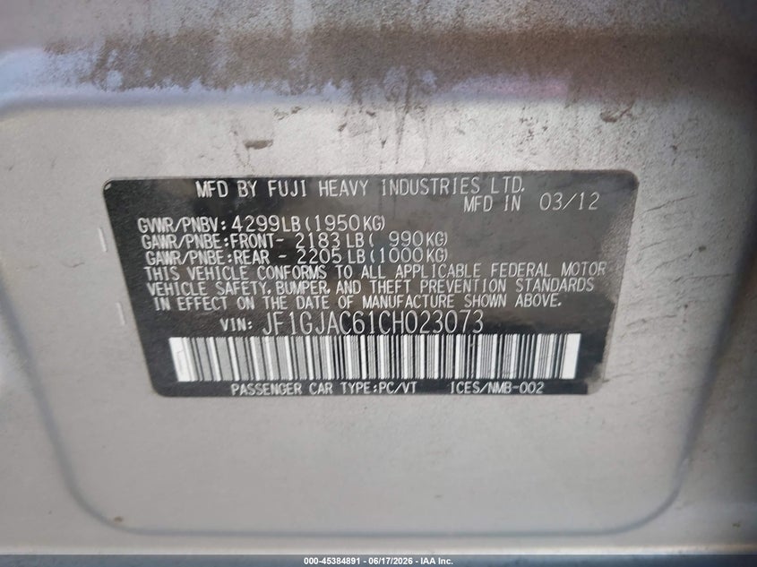 2012 Subaru Impreza 2.0I Premium VIN: JF1GJAC61CH023073 Lot: 45384891
