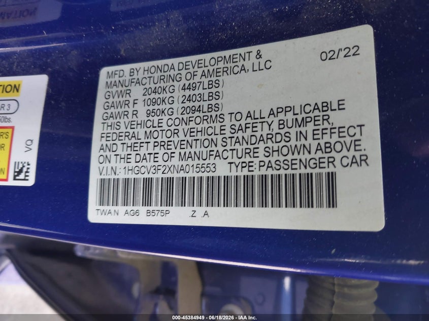 VIN 1HGCV3F2XNA015553 2022 HONDA ACCORD HYBRID SPORT