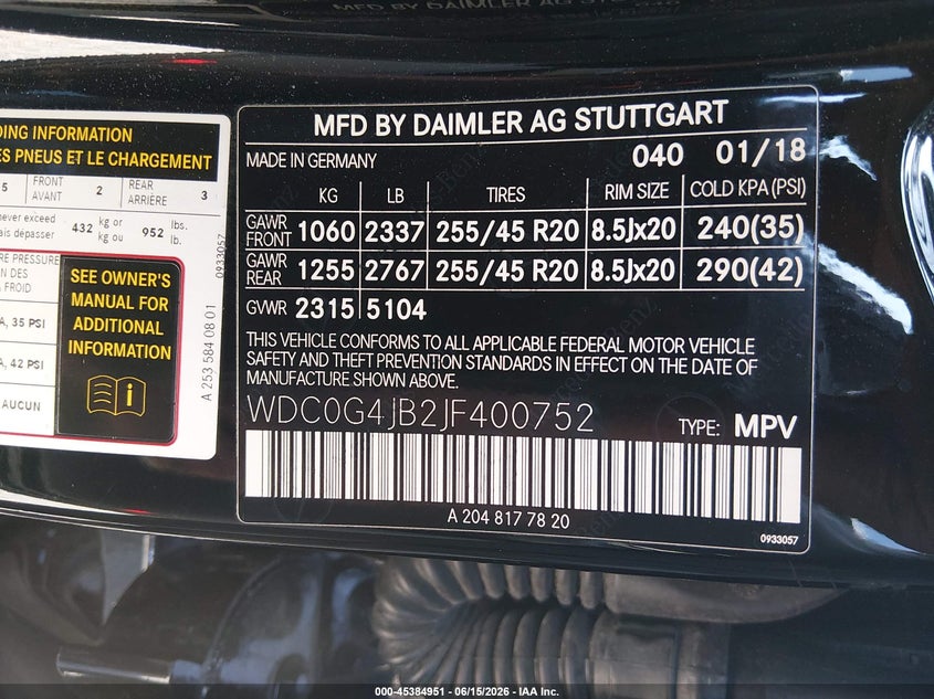 2018 Mercedes-Benz Glc 300 VIN: WDC0G4JB2JF400752 Lot: 45384951