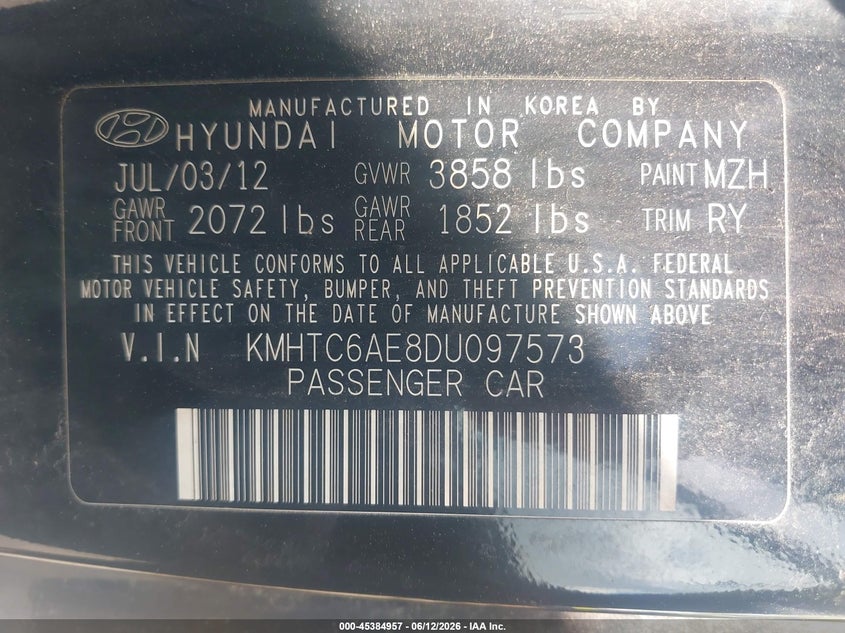 2013 Hyundai Veloster Turbo W/Black VIN: KMHTC6AE8DU097573 Lot: 45384957