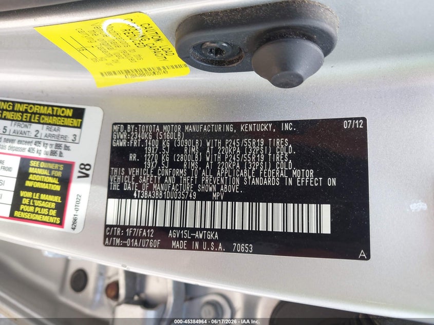 2013 Toyota Venza Le VIN: 4T3BA3BB1DU035749 Lot: 45384964