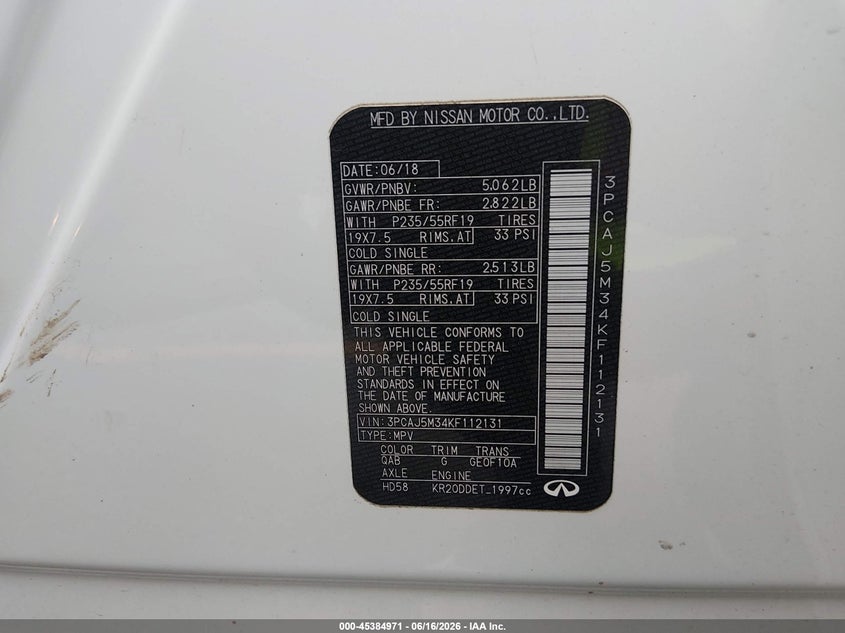 INFINITI QX50 2019 VIN 3PCAJ5M34KF112131