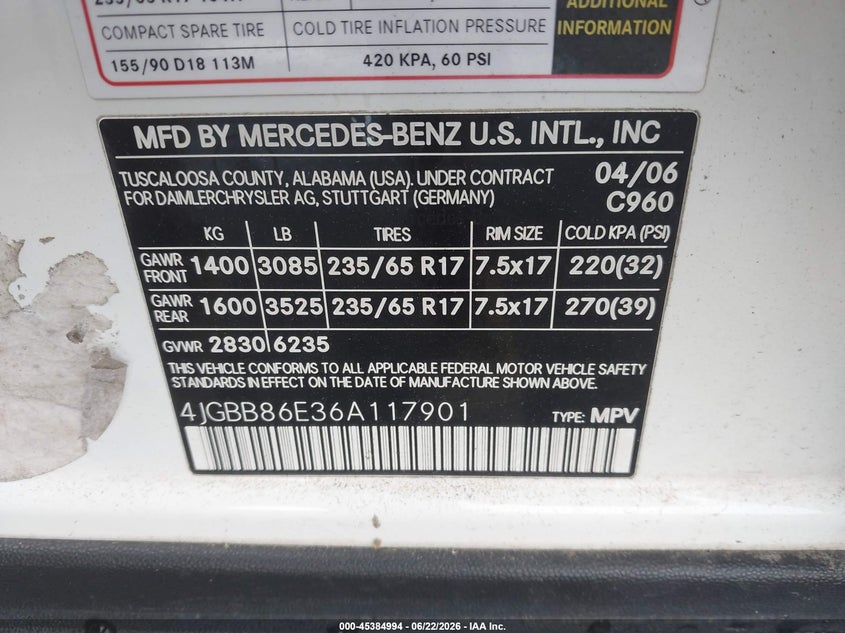 2006 Mercedes-Benz Ml 350 4Matic VIN: 4JGBB86E36A117901 Lot: 45384994