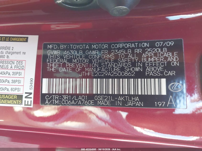 LEXUS IS 350C 2010 VIN JTHFE2C29A2500862