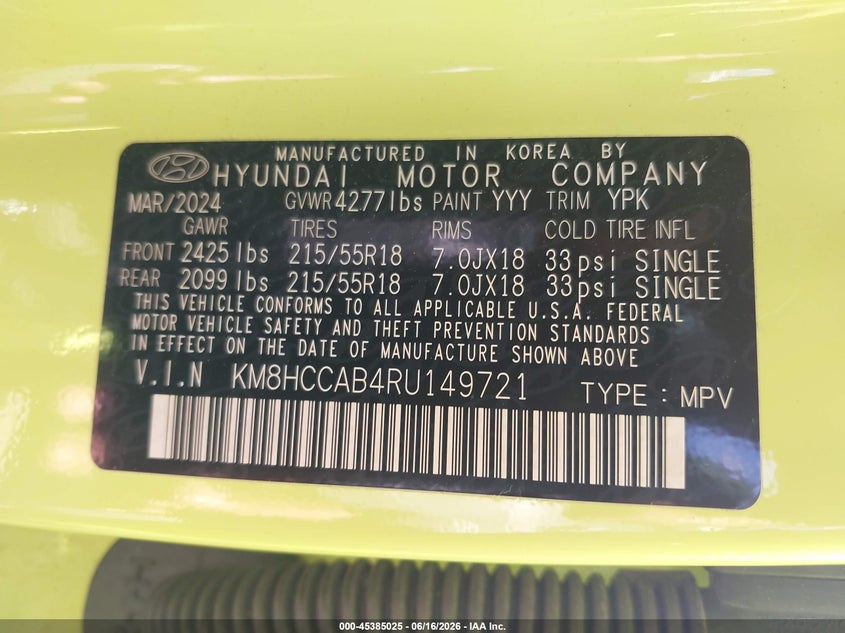 2024 Hyundai Kona Sel VIN: KM8HCCAB4RU149721 Lot: 45385025