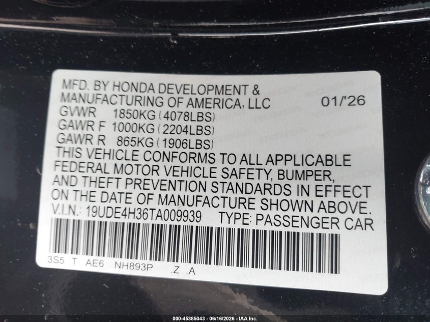 2026 Acura Integra Fwd A-Spec VIN: 19UDE4H36TA009939 Lot: 45385043