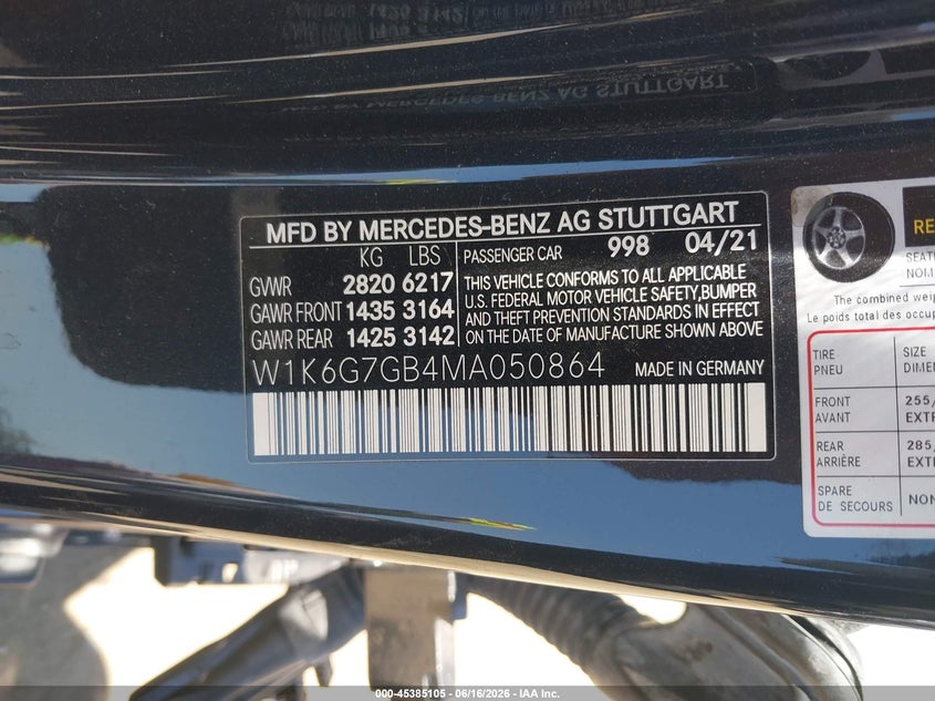 2021 Mercedes-Benz S 580 4Matic VIN: W1K6G7GB4MA050864 Lot: 45385105