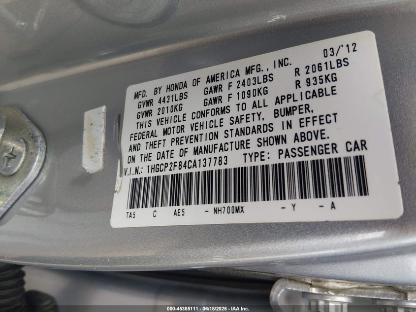 2012 HONDA ACCORD SEDAN 2.4L I-4 DOHC, VVT, 190HP