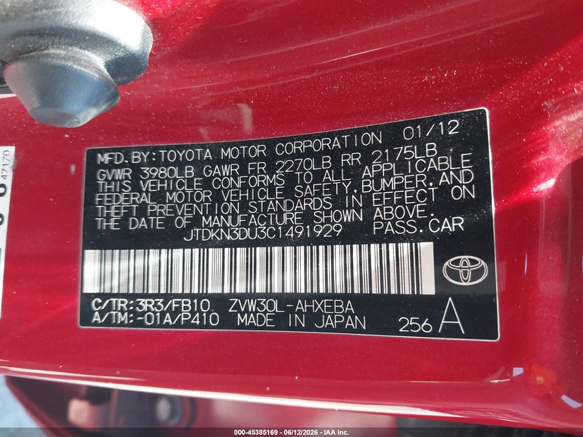 2012 Toyota Prius Two VIN: JTDKN3DU3C1491929 Lot: 45385169