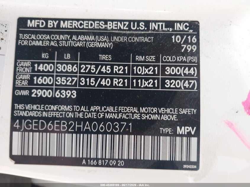 2017 Mercedes-Benz Amg Gle 43 Coupe 4Matic VIN: 4JGED6EB2HA060371 Lot: 45385189