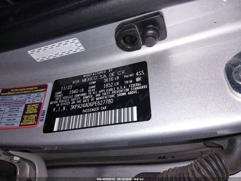 2023 Kia Rio Lx VIN: 3KPA24AD6PE627780 Lot: 45385230