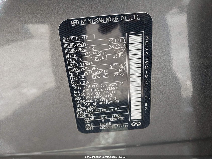 2019 Infiniti Qx50 Essential VIN: 3PCAJ5M19KF116187 Lot: 45385252