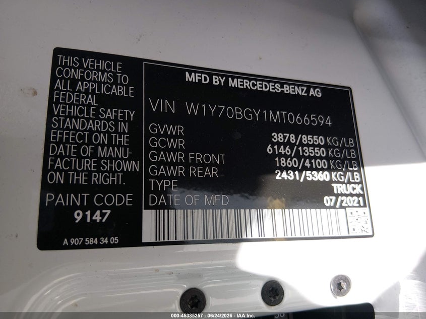 2021 Mercedes-Benz Sprinter 1500 Standard Roof I4 VIN: W1Y70BGY1MT066594 Lot: 45385257