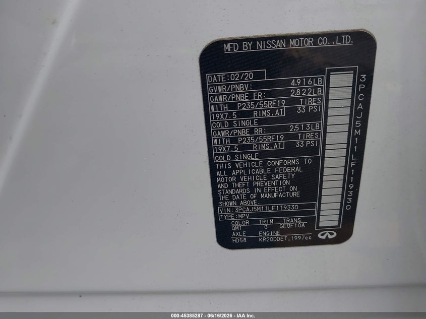 2020 Infiniti Qx50 Luxe VIN: 3PCAJ5M11LF119330 Lot: 45385287