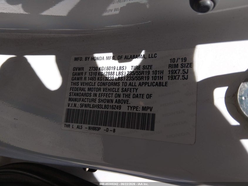 VIN 5FNRL6H93LB016249 2020 HONDA ODYSSEY ELITE