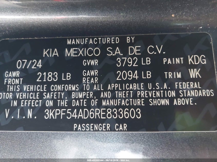KIA FORTE 2024 VIN 3KPF54AD6RE833603