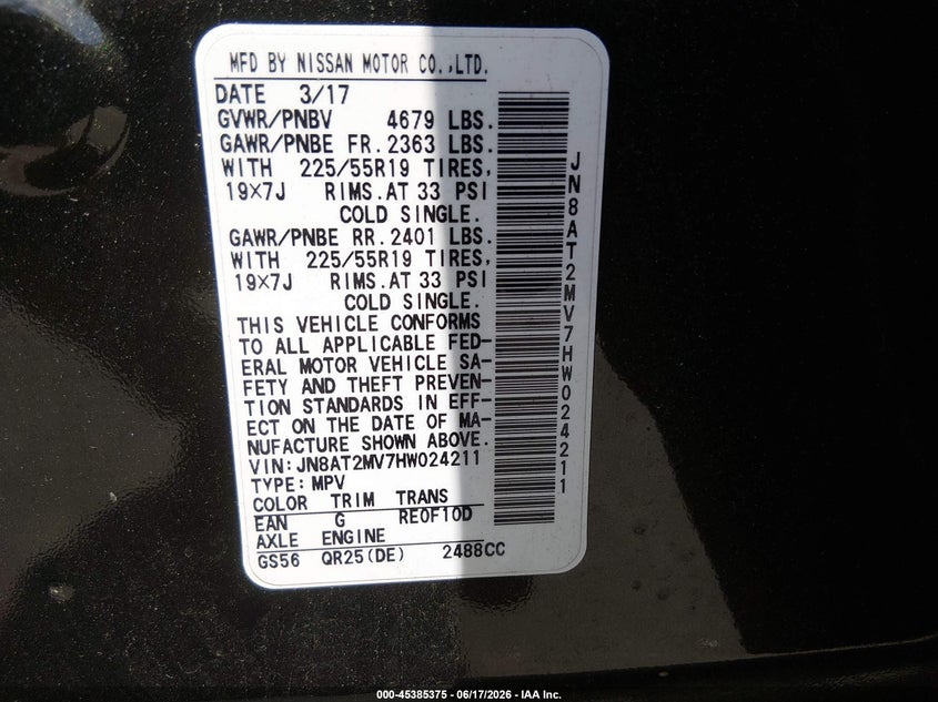 VIN JN8AT2MV7HW024211 2017 NISSAN ROGUE SL