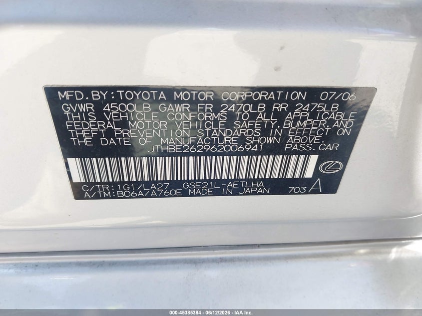 2006 Lexus Is 350 VIN: JTHBE262962006941 Lot: 45385384