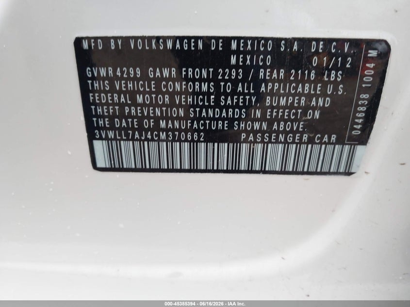 2012 VOLKSWAGEN JETTA SEDAN 2.0L I4 FI 16V NF4