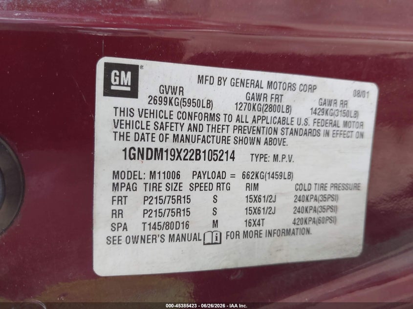 2002 Chevrolet Astro Passenger Ls VIN: 1GNDM19X22B105214 Lot: 45385423