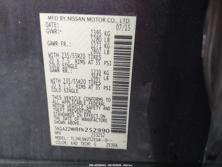 2015 Nissan Murano Platinum VIN: 5N1AZ2MH9FN252990 Lot: 45385442