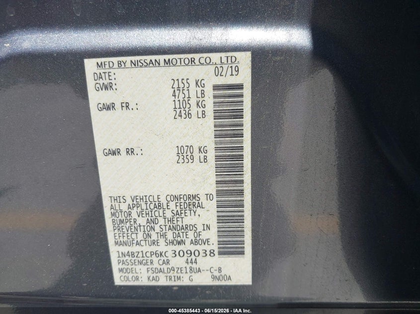 2019 Nissan Leaf Sv Plus VIN: 1N4BZ1CP6KC309038 Lot: 45385443