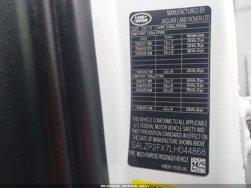 2020 Land Rover Range Rover Evoque Se VIN: SALZP2FX7LH044868 Lot: 45385446
